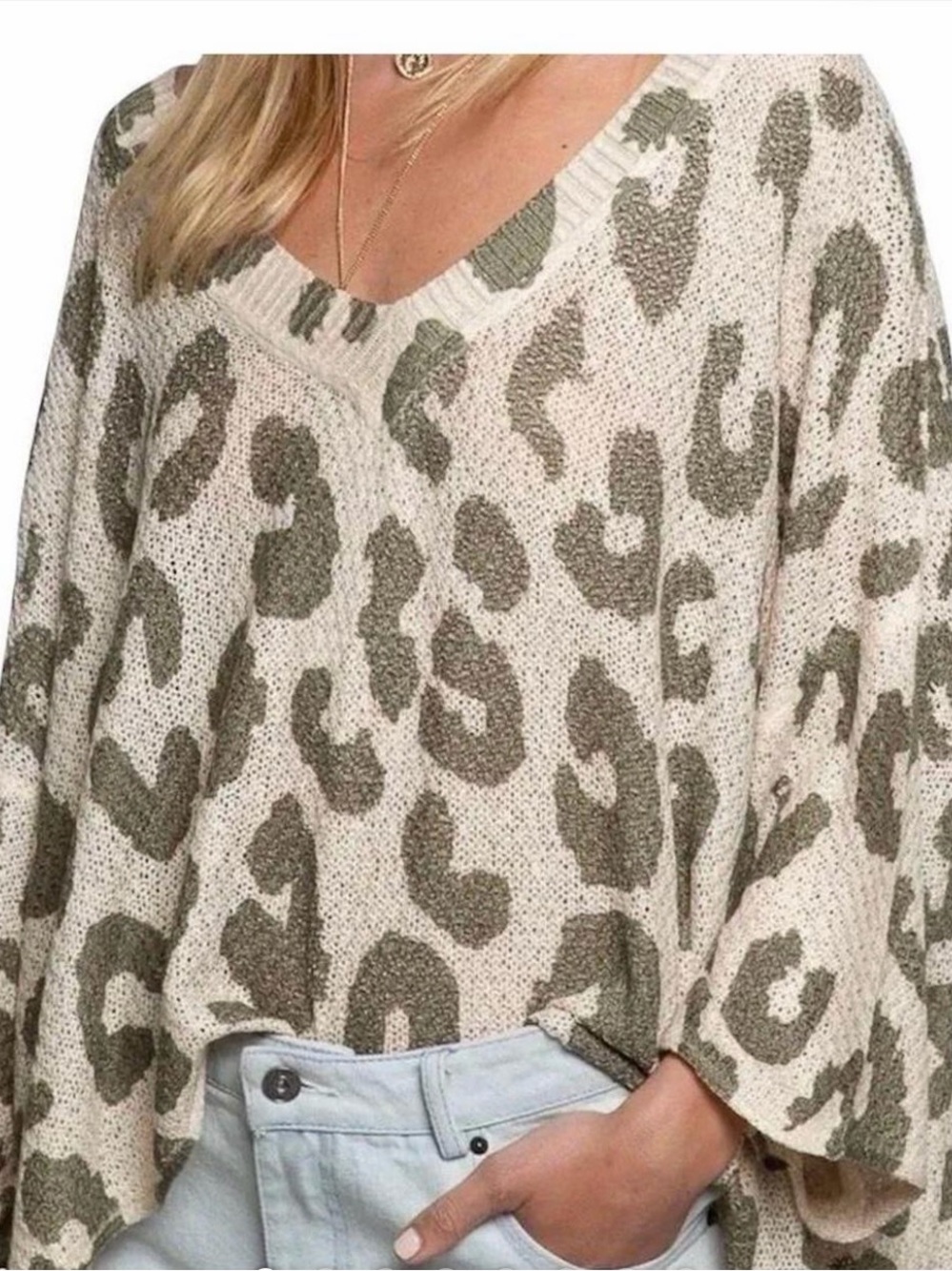 POL Olive and Cream Leopard V-Neck Sweater